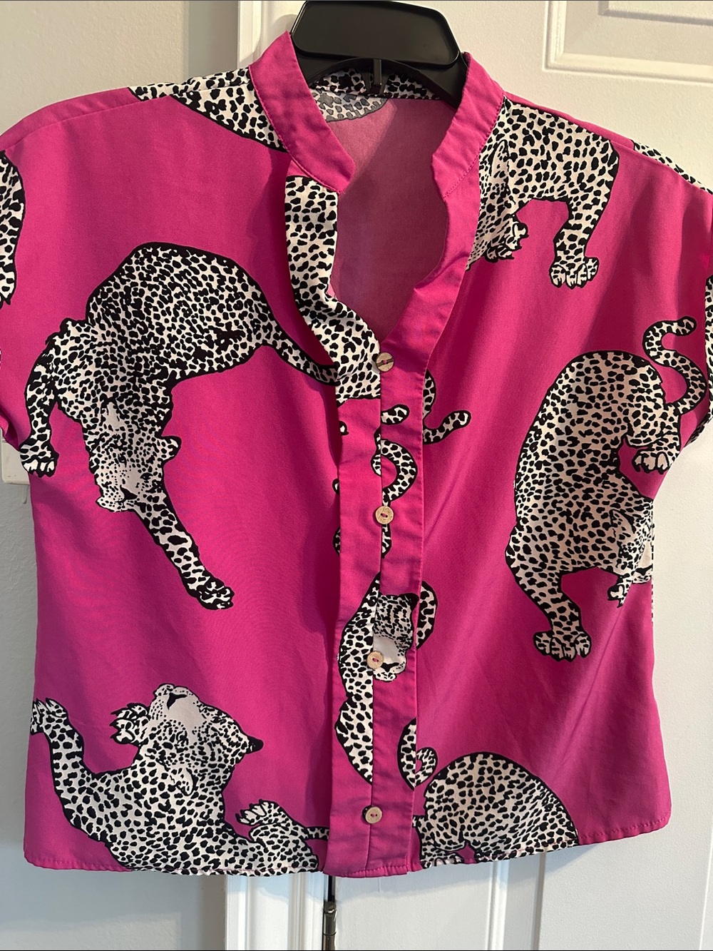 Women's Pink Leopard Print Button-Up Blouse